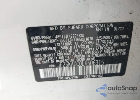 2020 Subaru Forester Premium из США, поврежденный, VIN JF2SKAGC0LH506315